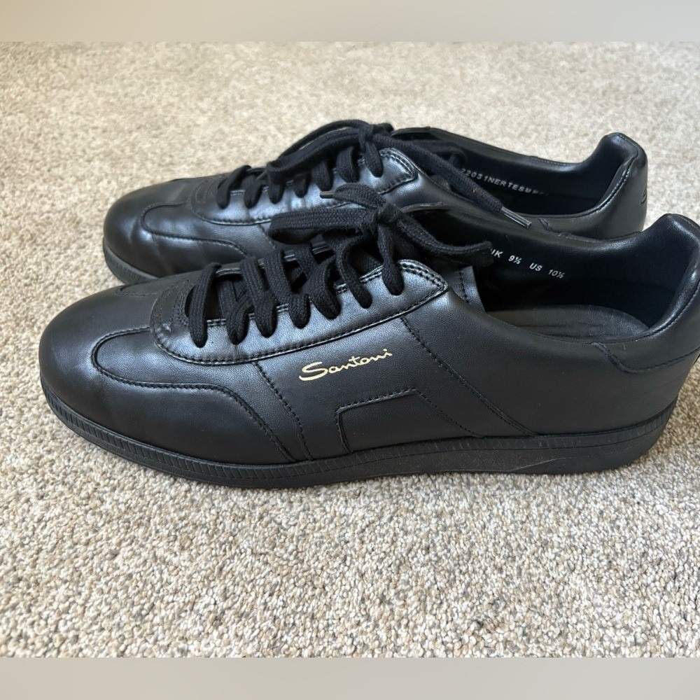 Santoni - Men's Calf Leather Almond Toe DBS Oly Sneakers - Size 10.5 - Black - Picture 4 of 10